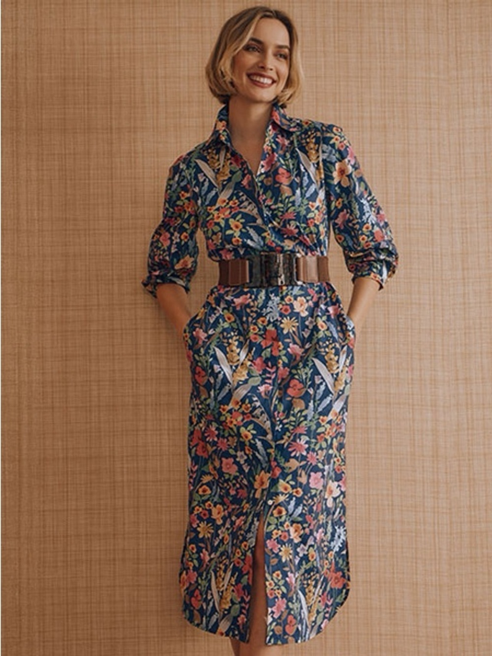 J.McLaughlin Davida Floral Midi Shirt Dress Navy Watercolor Petals Belted L